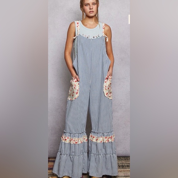 POL Pants - POL Striped Blue and White Wide Leg Ruffled Overalls with Floral Accents